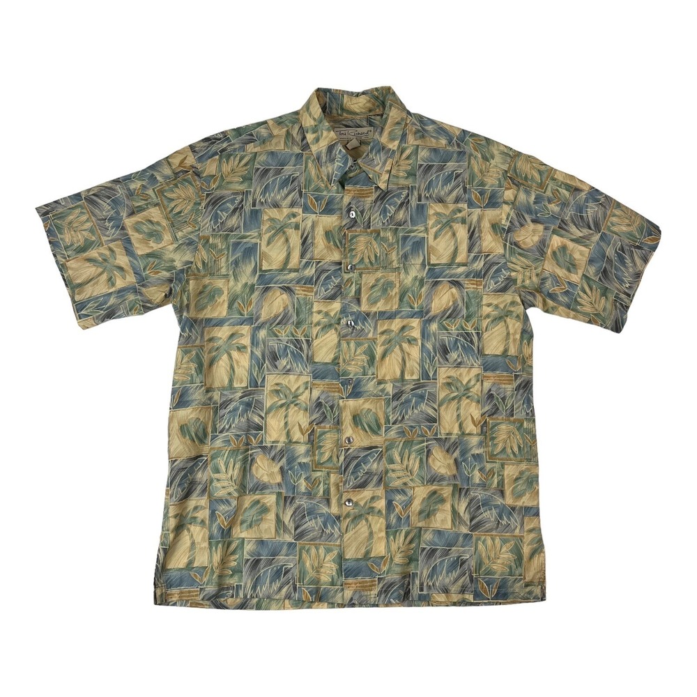 Tori Richard Tan Blue & Green Palm Tree Print S/S Cotton Button Up Mens Size M